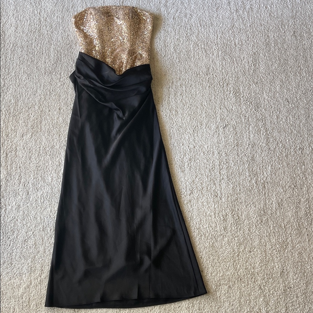 Betsy & Adam Gold Sequin Black Strapless Corset Gathered Draped Maxi Dress - Picture 7 of 13